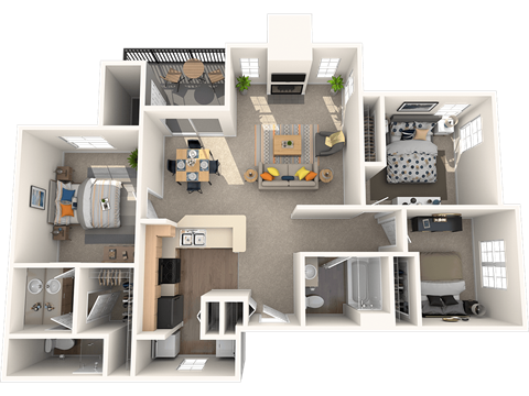 a 3d rendering of a floor plan with bedrooms and a living room